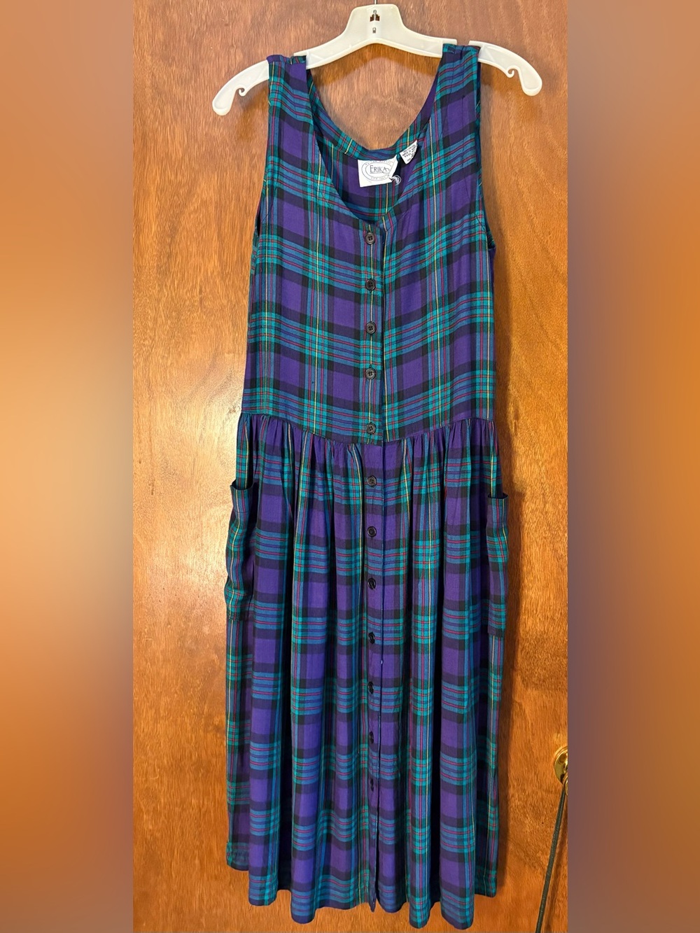 Vintage 80s ERIKA Purple Plaid Button-Front Dress Tie Back S Prairie Cottage